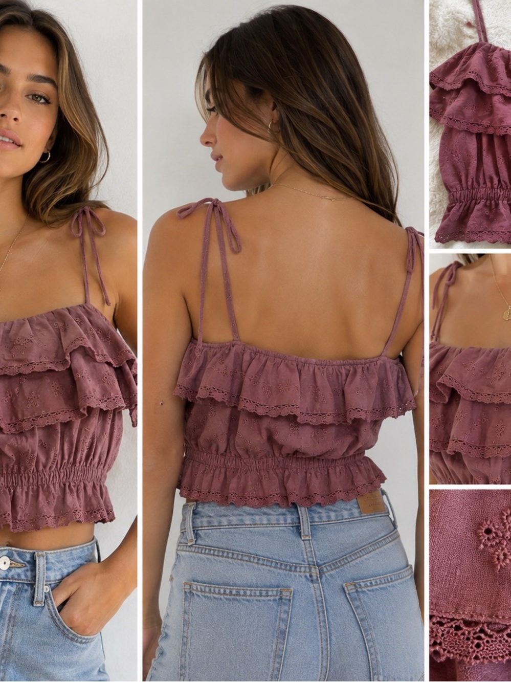 American Eagle Mauve Eyelet Ruffle Crop Top – Size Medium